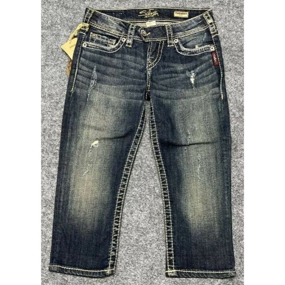 Silver Jeans Tuesday Crop Womens 24 Blue Denim Distressed Whiskered Stretch New - Picture 1 of 12